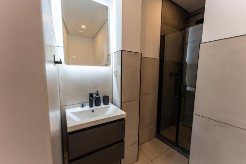een badkamer met een wastafel en een douche bij Moselresidenz Bellevue Alf Apartment Moselblick in Alf