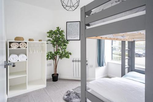 1 dormitorio con litera y planta en Contemporary City Centre Apartment With Parking en Bath