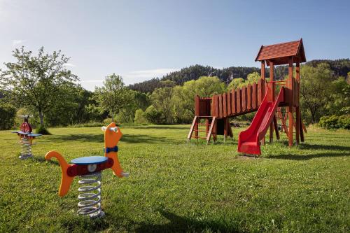 un grupo de equipos de recreo en un campo de césped en Hotel Javor en Adršpach