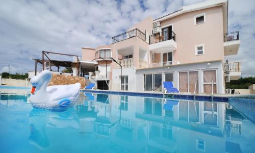 a swimming pool with a swan in front of a house at Bella Rosa hotel Cyprus in Coral Bay