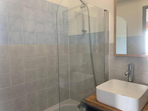 une salle de bain avec une douche en verre et un lavabo dans l'établissement Le Wild, Superbe studio au bord de la vilaine, à Rennes