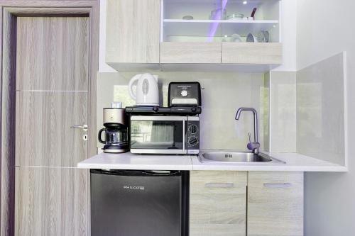 a kitchen with a sink and a microwave at Villa Dionysia Studio S7 in Alikanas