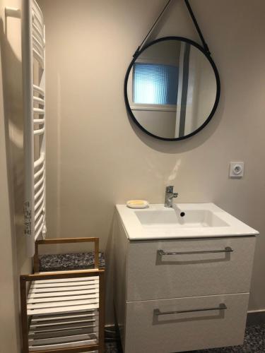 une salle de bain avec un lavabo et un miroir au mur dans l'établissement Les grillons d’Eden, à Saint-Jean-de-Monts