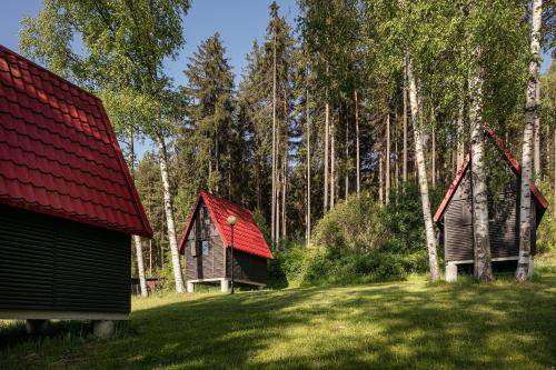 dwa małe domy z czerwonym dachem w lesie w obiekcie Chatky Skalní mlýn Adršpach w Adršpach