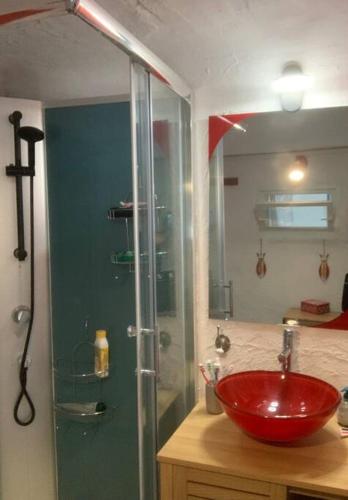 La salle de bains est pourvue d'un lavabo rouge et d'une douche en verre. dans l'établissement Le colibri, à Lapalme