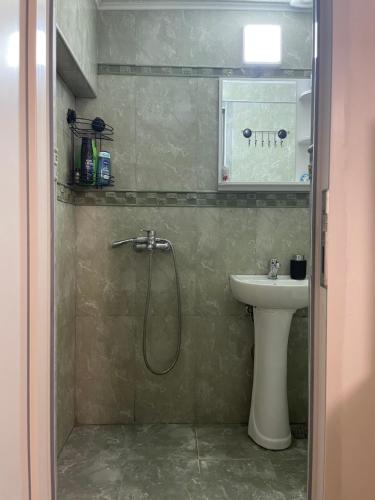 La salle de bains est pourvue d'une douche et d'un lavabo. dans l'établissement Sunrise Apartment, à Skopje