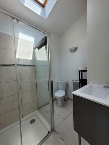 un bagno con doccia, lavandino e WC di Charmant Duplex au cœur du village a Cotignac