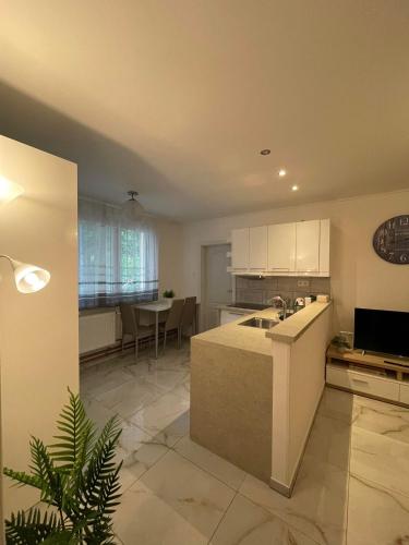 a kitchen with a counter and a table in it at Apartment Nitra-city centre in Nitra