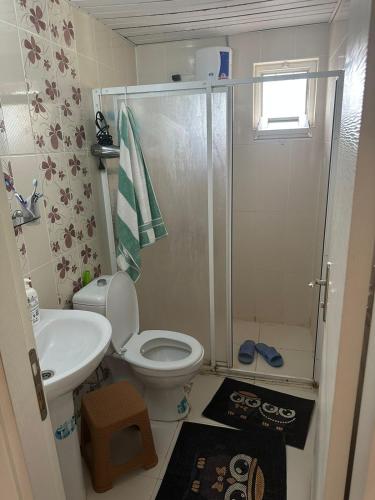 y baño con ducha, aseo y lavamanos. en Квартира в Kultur 2+1 en Antalya
