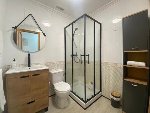 ein Bad mit einer Dusche, einem WC und einem Waschbecken in der Unterkunft Homely Apartments Las Salinas in Torrevieja