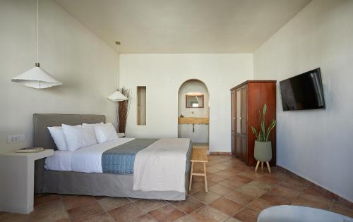 a hotel room with a bed and a tv at Arvanitis Cave Village in Akrotiri