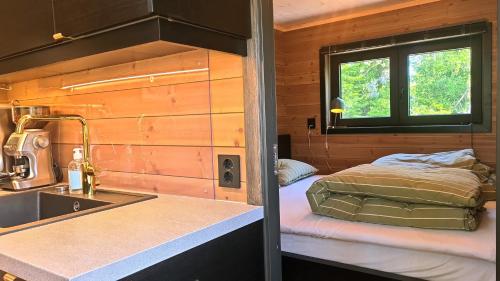 a kitchen with a sink and a bed in a room at Ekornredet (The Squirrel Nest) in Kongsberg