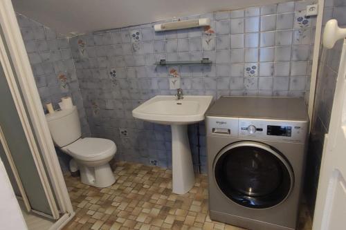 baño pequeño con lavadora y lavamanos en agréable maison 7 personnes proche centre ville de Nogent en Nogent-le-Rotrou