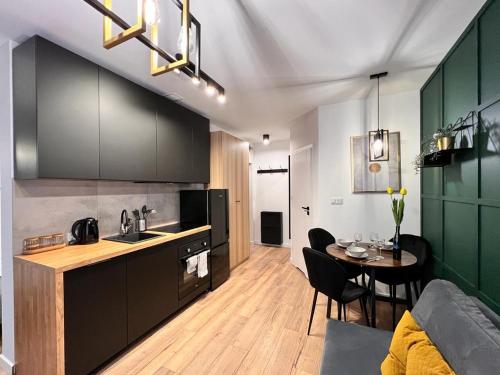 eine Küche mit schwarzen Schränken und einem Tisch im Zimmer in der Unterkunft Green Hill Apartments Katowice in Kattowitz