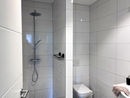 La salle de bains blanche est pourvue d'une douche et de toilettes. dans l'établissement Hof Gemehret, à Eupen