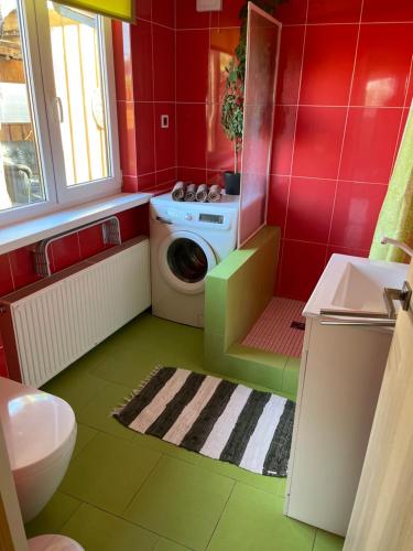uma casa de banho com uma máquina de lavar roupa e uma máquina de lavar roupa em Kotedža Tīkli em Bigauņciems