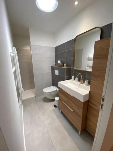 une salle de bain avec un lavabo, des toilettes et un miroir dans l'établissement Le Cast'L 4 Coin de paradis en bord de Dordogne, à La Rivière