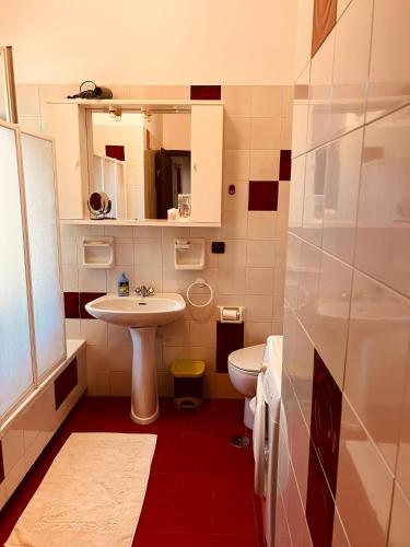 La petite salle de bains est pourvue d'un lavabo et de toilettes. dans l'établissement Condominio Ulivi, à Piazza