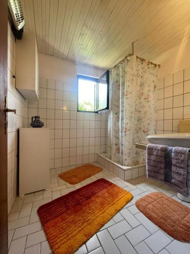 a bathroom with a sink and a shower and rug at DOLCE NOTTE rooms in Virpazar