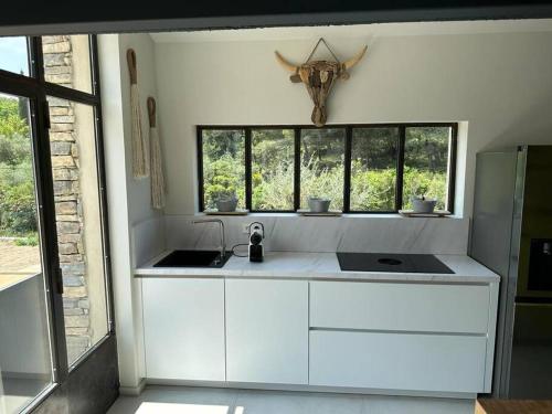 une cuisine blanche avec un évier et une fenêtre dans l'établissement villa avec piscine loft cabane, à Nîmes