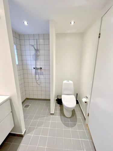 uma casa de banho com um WC e um chuveiro em Great Modern Studio em Aalborg