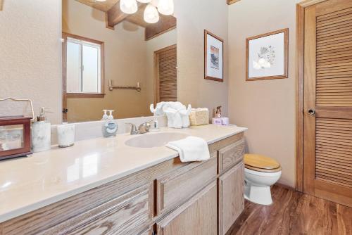 a bathroom with a sink and a toilet at Hikers Haven -Only steps to the National Forest and trails! in Big Bear City