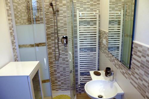 a bathroom with a shower and a sink and a toilet at Appartamenti l'Olivo in Bagnone