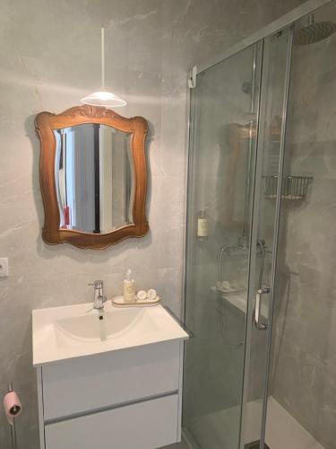 uma casa de banho com um lavatório e um chuveiro com um espelho. em Casa da Zéfinha - Villa, em Cinfães, no Douro em Cinfães