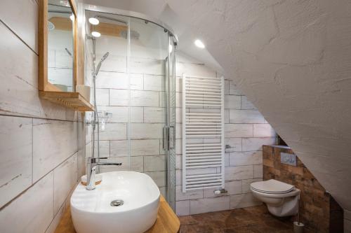 a bathroom with a sink and a toilet at Chalupa Bocza in Nižná Boca