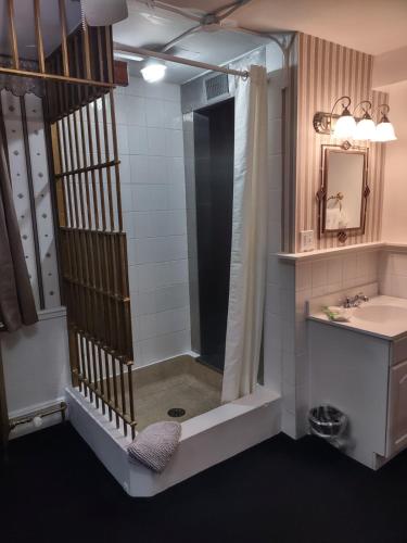 a bathroom with a shower and a sink at The King George Inn in Cobourg