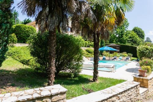 une cour avec une piscine et des palmiers dans l'établissement L'écrin de Sarlat, à Sarlat-la-Canéda