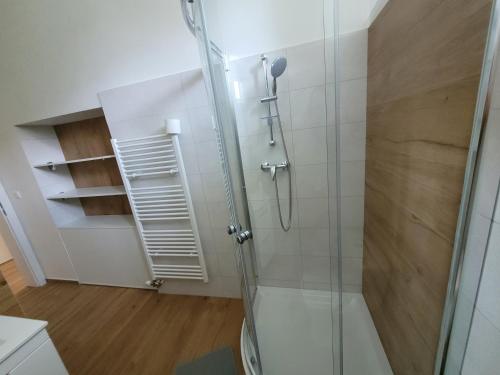 a shower with a glass door in a bathroom at Apartman Tailor in Liptovský Mikuláš