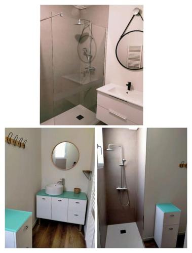 un collage de trois photos d'une salle de bains dans l'établissement Maison agréable - 9 pers - St Hilaire de Riez, à Saint-Hilaire-de-Riez