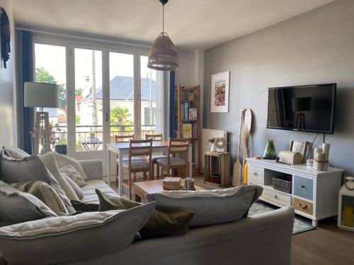 a living room with a couch and a tv at Bel appartement cosy proche de Paris in Saint-Maur-des-Fossés