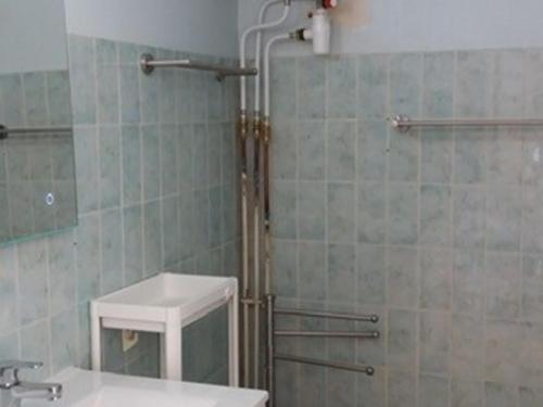 une salle de bain avec une douche, un lavabo et un miroir dans l'établissement 1er étage, balcon, animaux admis, parking de proximité - FR-1-503-8, à Balaruc-les-Bains