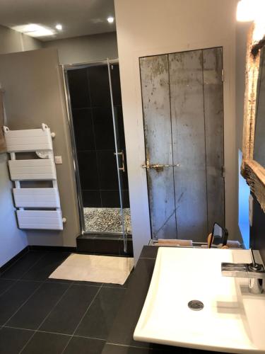 een badkamer met een wastafel en een douche bij La Maiz in Maubec