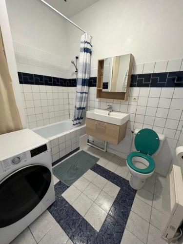 La salle de bains est pourvue de toilettes vertes et d'un lavabo. dans l'établissement Appartement 42m² à Acotz, à Saint-Jean-de-Luz