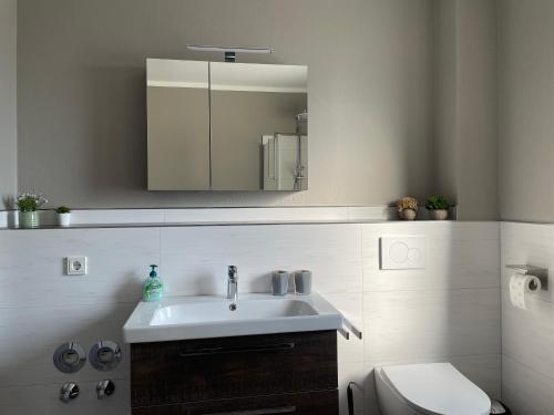 a bathroom with a sink and a toilet and a mirror at Ferienwohnung in Hünfeld