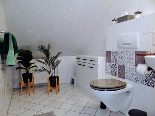 ein weißes Bad mit einem WC und einem Waschbecken in der Unterkunft dock one - Grömitz in Grömitz
