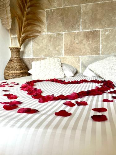 a bed with red rose petals on it at Romance en Provence in Marignane