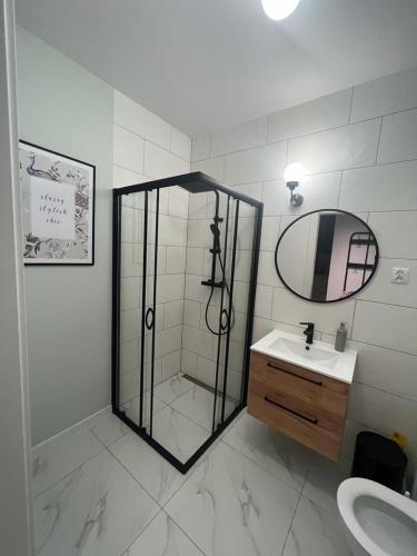 uma casa de banho com um chuveiro, um lavatório e um espelho. em Apartamenty Akademicka przy Onkologii 1 em Bydgoszcz