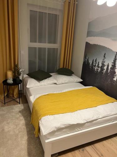 1 Schlafzimmer mit 2 Betten und einem Fenster in der Unterkunft Apartamenty Akademicka przy Onkologii 1 in Bydgoszcz