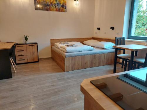 a room with a bed and a desk and a table at Apartmány Lucie in Jihlava