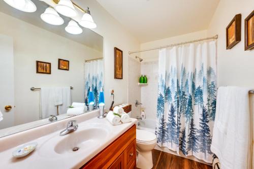 a bathroom with a sink and a toilet and a shower curtain at Estes Park Condo Rental Balcony with River Views! in Estes Park