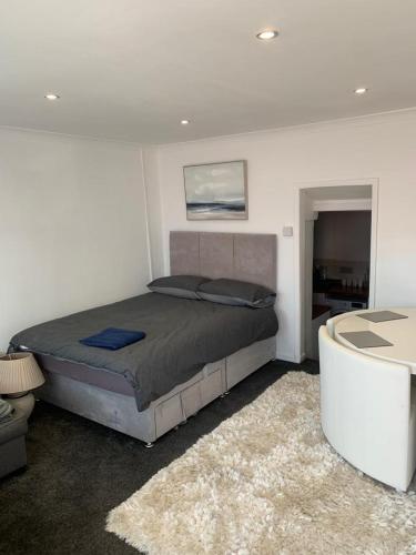 ein Schlafzimmer mit einem großen Bett in einem Zimmer in der Unterkunft Beautiful studio apartment in Pembrokeshire