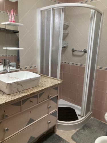 a bathroom with a sink and a shower at Casa da Corticeira in Caminha