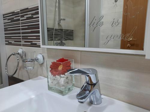 a bathroom sink with a faucet and a vase of flowers at City House Bitola in Bitola