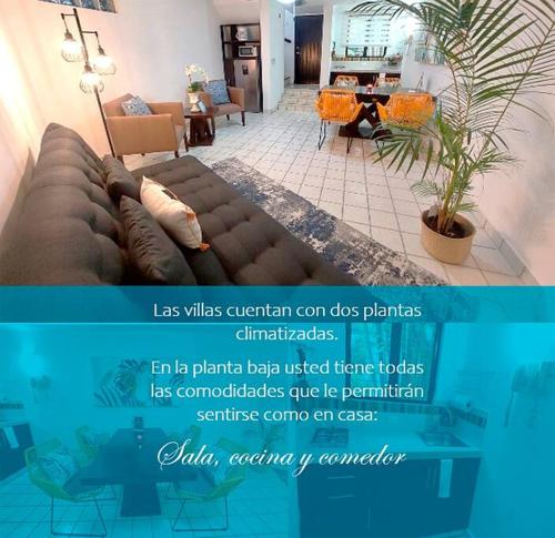 ein Flyer für ein Wohnzimmer mit einer Couch in einem Wohnzimmer in der Unterkunft Villas Cozumel #3 in Cozumel