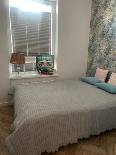 a bedroom with a bed and a window with a mask at Apartament Elle in Malbork