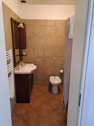 La salle de bains est pourvue d'un lavabo et de toilettes. dans l'établissement B&B All'Aeroporto, à Curtatone